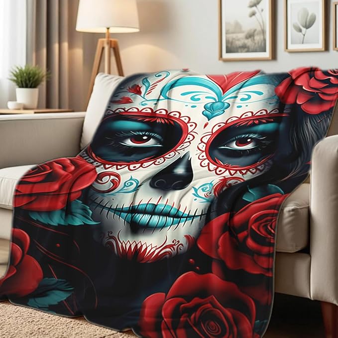 Sugar Skull Girl and Flower Blanket Throw Gothic Print Blanket Gifts Flannel Bedding Bed Couch Home Halloween Decor (49"x59") - sugar skull car floor mats