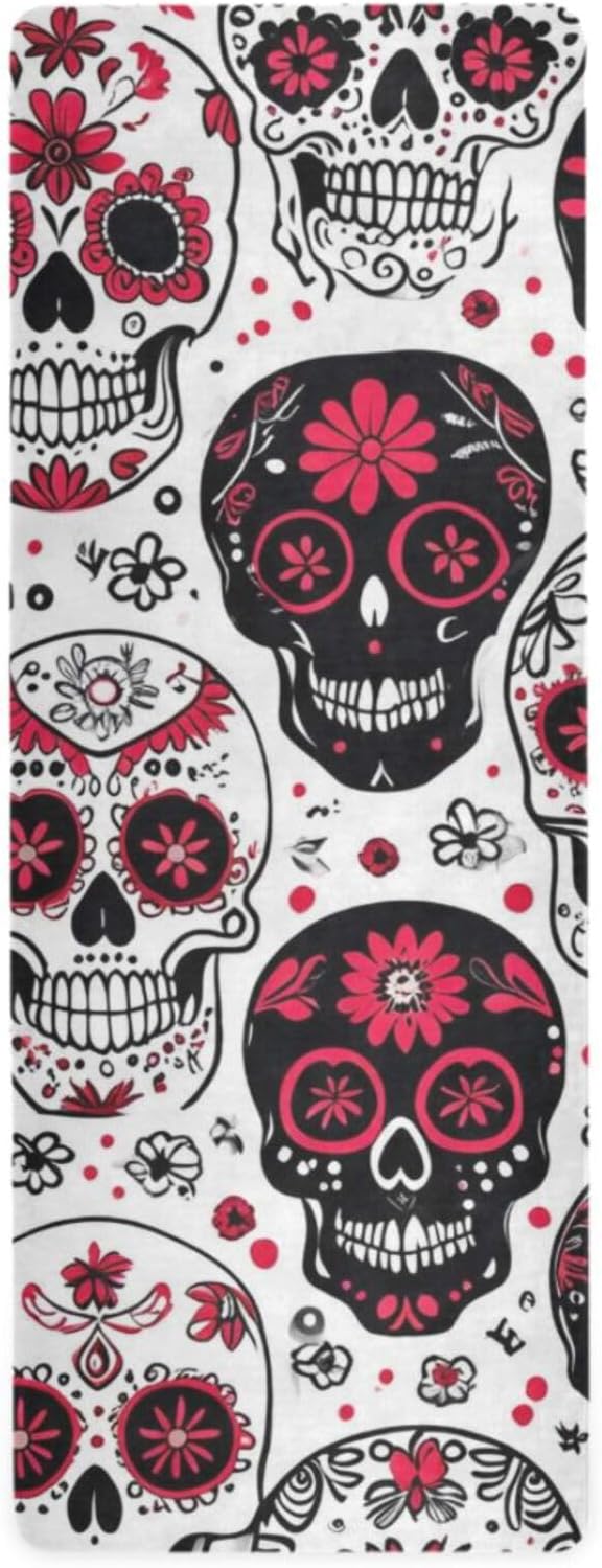 Sugar Skull Print Yoga Mat Non Slip Natural Rubber Fitness Exercise Mat for Home Workout Gym Stretching Pilates Mats with Carrying Bag 71" x 26" - sugar skull yoga mat
