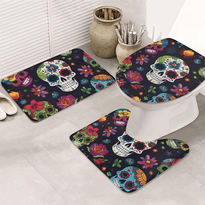 Bathroom Rugs Sets 3Piece Bath Mat Ultra Absorbent Non-Slip Bath Rugs Flower Cactus Sugar Skull Floor Mats Soft Shower Rug U-Shaped Contour Toilet Rug Toilet Lid Cover for Tub Shower - sugar skull floor mat