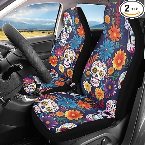 Sugar Skull Flower Print 2 Pcs Car Front Seat Covers Washable Driver Seat Cover with Backrest Scratch-Resistant Car Seat Protector Automotive Interior Accessories - sugar skull car seat covers set