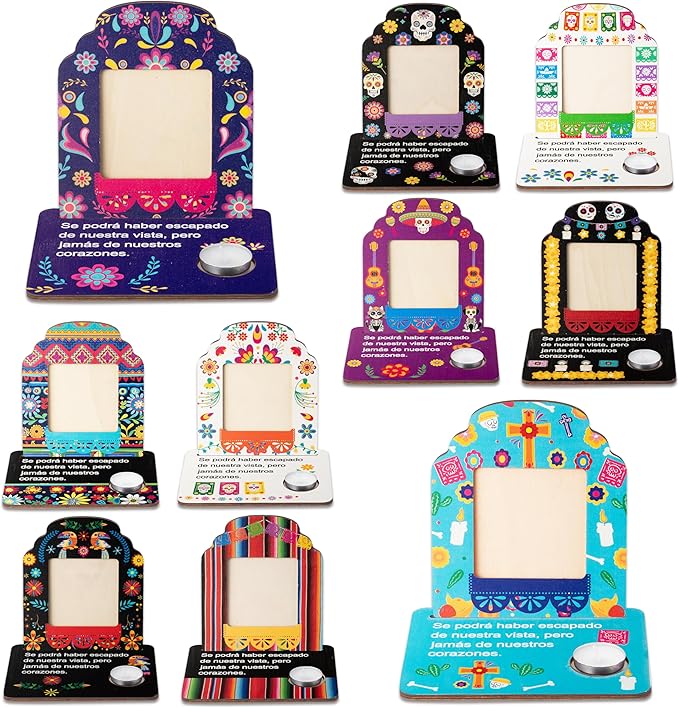 CJiangpo 10 Set Dia De Los Muertos Altar Picture Frames with Candles, Day of The Dead Altar Photo Frame Wooden Mini Sugar Skull Style Ofrenda Decorations Day of The Dead Memorial Remembrance Supplies - sugar skull candle holder