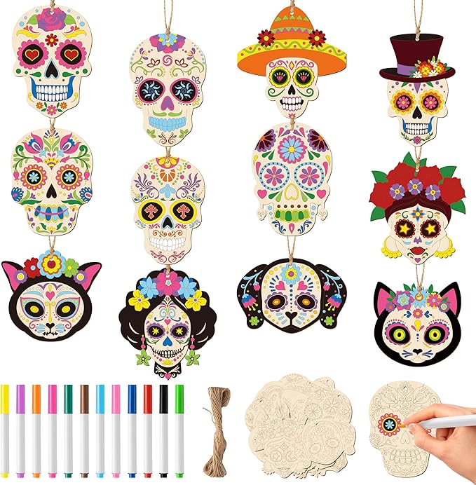 TICIAGA 60Pcs Day of The Dead Wooden Skull Cutout with Coloring Pen and Rope Craft Kit for Kids, DIY Unfinished Sugar Skull Ornaments Hanging Decor for Mexican Fiesta Festival Halloween Party Supplies - sugar skull christmas ornament