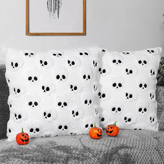 Yuubin Skull Halloween Decor-Throw Pillow Covers 18x18in Set of 2,Retro Plush Pillow Case for Couch Fall Holiday Outdoor Black Decorations - sugar skull throw pillow