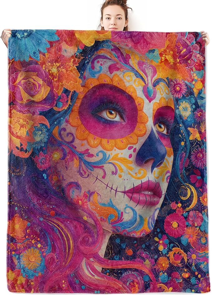 Sugar Skull Flannel Blanket Gifts for Gothic Lover,60x50inch,Day of The Dead Throw Blankets with Vibrant Floral and Skeleton,for Bedroom,Sofa,Living Room,Camping Halloween Home Decor Throws - sugar skull throw blanket