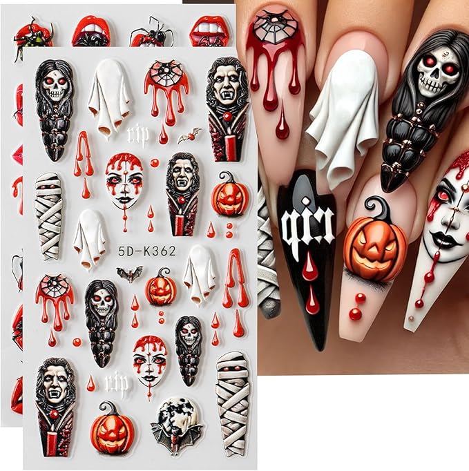 2 Sheets Halloween Nail Art Stickers 5D Embossed Horror Ghost Nail Stickers Big Red Lips Pumpkin Devil's Flame Eye Bat Design Terror Spider Mummy Nail Decals for Women Acrylic DIY Nail Decorations - sugar skull nail art