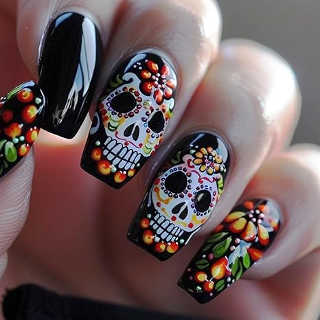 Day of the Dead Press on Nails with Colored Skull Designs Halloween Fake Nails Hawthorn Berry False Nails Medium Coffin Acrylic Nails Black Glossy Full Cover Glue on Fingernails for Women 24Pcs - sugar skull nail art