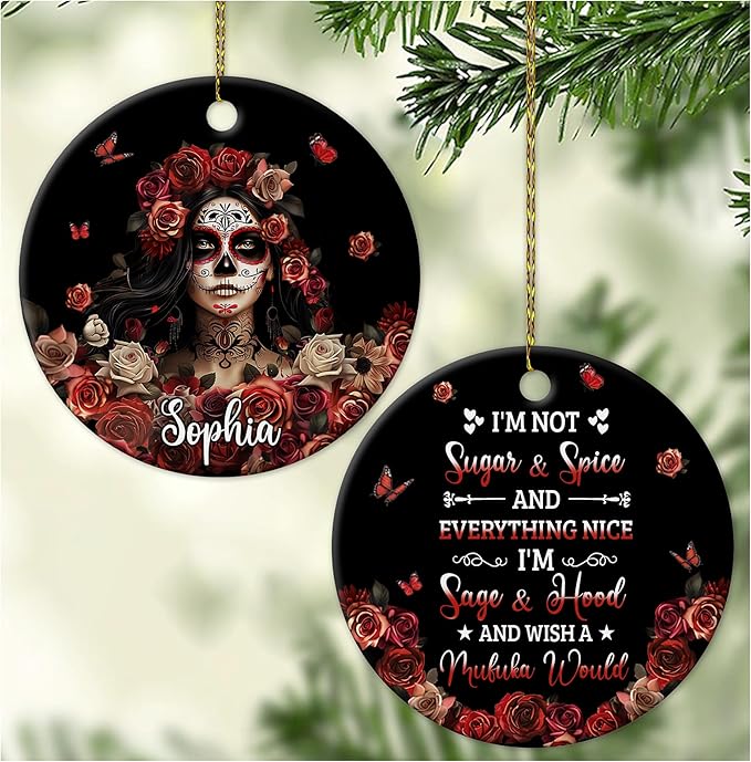 Hyturtle Personalized Sugar Skull Ornament - Sugar Skull Gifts for Women Lovers - Gifts for Skeleton Lovers - Custom Name Ceramic Ornament Decoration - sugar skull christmas ornament