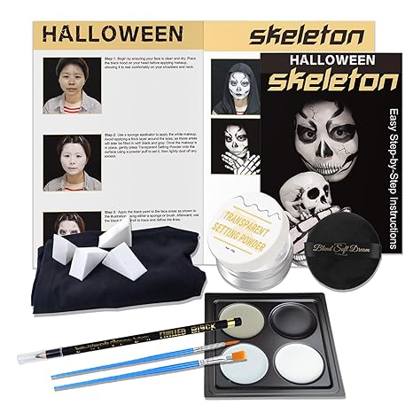 Halloween Skeleton Makeup Kit - Sugar Skull Face Painting Kit for Kids Audlt, Black eyebrow pencil, Black Caps, Sponge, Perfect for Adult & Kids Costume Parties, Halloween Dress-Up，Film - sugar skull makeup kit