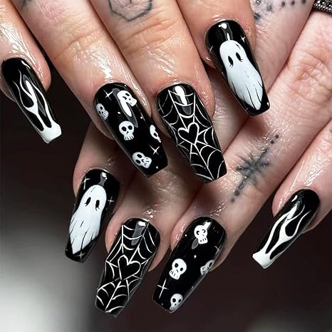 24pcs Halloween Press on Nails Medium Coffin White Ghost Fake Nails with Designs Skull False Nails Spider Web Stick on Nails Black Full Cover Glue on Nail for Women Holiday Nail Decoration - sugar skull nail art