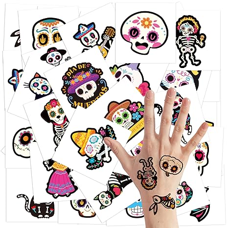 144Pcs Day of The Dead Temporary Tattoos, 2 Inch Mexican Sugar Skull Non-Toxic Waterproof Face Body Stickers Art Decal Dia de los Muertos Halloween Celebration Party Favor Decorations - sugar skull temporary tattoo