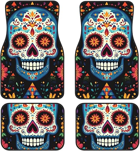 Car Floor Mats 4 Piece Universal Automotive Floor Mats Sugar Skulls Car Mat Set Rubber Floor Mats for Cars Non-Slip Car Foot Pad Car Carpet Decor Heel Pad for Most Vehicles - sugar skull car floor mats