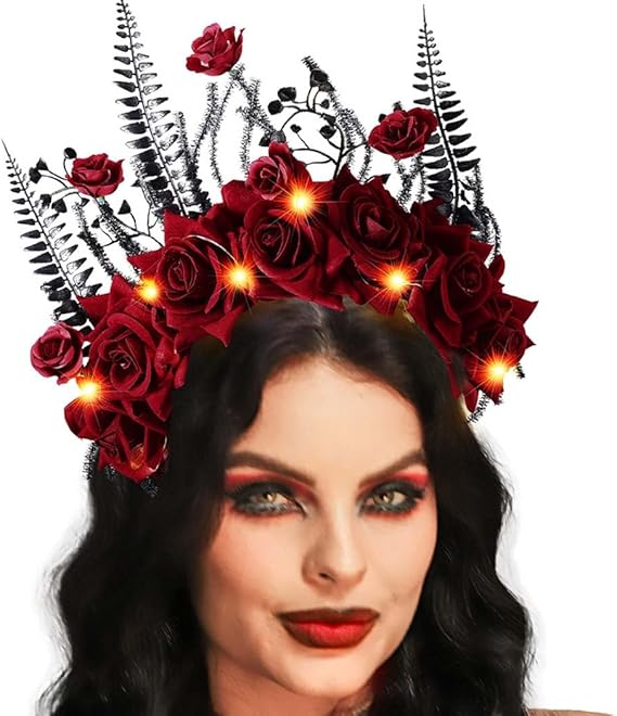 JAKAWIN Day of the Dead Headpiece Light Up Rose Headband Glowing Halloween Costume Hair Accessories for Women - sugar skull flower crown