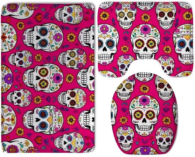 Washable Bath Rug Set, 3 Pieces Water Absorption Non Slip Bath Mat Contour Rug Quick Dry Toilet Seat Cover Day Dead Mexican Sugar Skull Floor Mat for Bathroom,Tub,Shower - sugar skull floor mat
