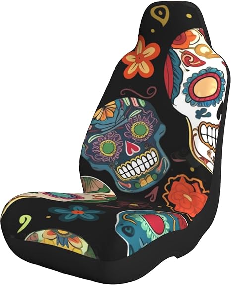 Front Car Seat Covers 2 PCS, Sugar Skulls Print Auto Accessories Interior Seat Cover for Cars SUV Trucks Sedan - sugar skull car pet seat cover