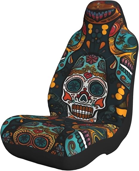 Front Car Seat Covers 1 PCS, Colorful Sugar Skulls Print Auto Accessories Interior Seat Cover for Cars SUV Trucks Sedan - sugar skull car pet seat cover