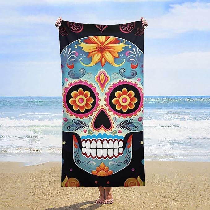Sugar Skulls Beach Towels Oversized 63"X 31.5" Extra Large Microfiber Pool Towel Sand Free Lightweight Beach Blanket Absorbent Quick Dry Bath Towels for Swim Pool Yoga Gym Camping - sugar skull beach towel