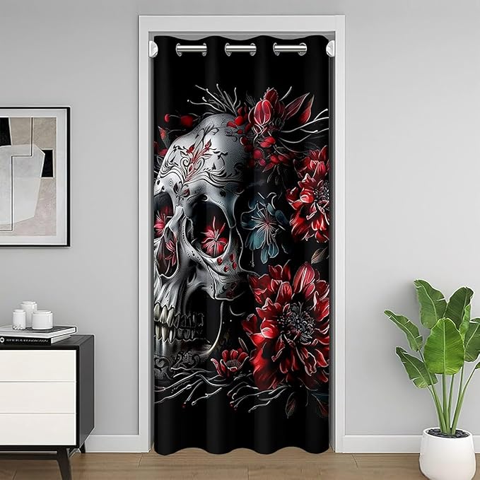 Erosebridal Skeleton Door Curtain 46"x80",Gothic Aztec Dahlia Blackout Curtains for Living Room,Sugar Skull Damask Goth Red Blue Flower Bathroom Curtains Window for Floral Halloween Decorations - sugar skull shower curtain set