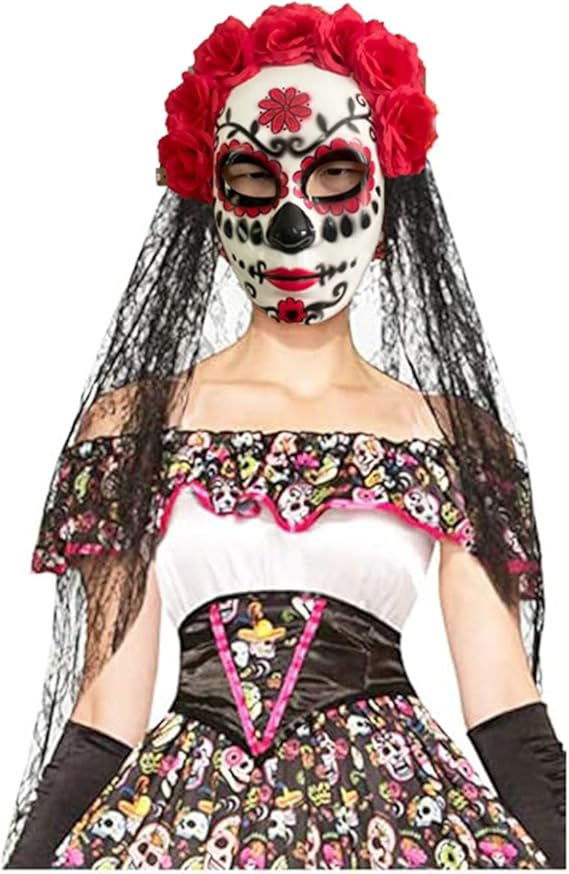 Day of the Dead Headband and Mask Set with Black Lace Rose Flower Veil Dia De Los Muertos Mask Halloween Costume Mexican Flower Headwear - sugar skull flower crown