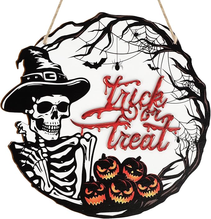 Halloween Skull Door Sign, Halloween Spooky Front Door Hanging Decoration, Rustic Trick or Treat Horror Bloody Wooden Wreath Wall Sign for Home Party Outdoor Yard Decor Farmhouse Decorations (Skull) - sugar skull wreath for front door