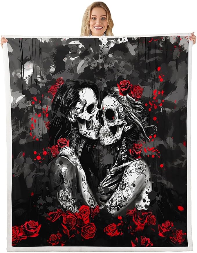 Sugar Skull Couple Sherpa Blanket 90"x90" Goth Romantic Rose Fleece Blanket,Gothic White Skeleton Lovers Flower Love Heart Fuzzy Plush Throw for Halloween Adults Sofa Couch Travel Camping Decor - sugar skull throw blanket