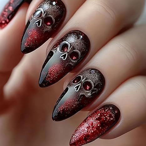 Halloween Press on Nails Medium Almond Fake Nails with Sugar Skull Designs Halloween Acrylic Nails Press ons Glossy Black Red Glue Stick on Nails for Women 24 Pcs - sugar skull nail art