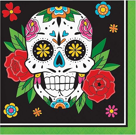 Skelebration Day of the Dead Sugar Skull 2-Ply Beverage Napkins, 32 Count - sugar skull plates set