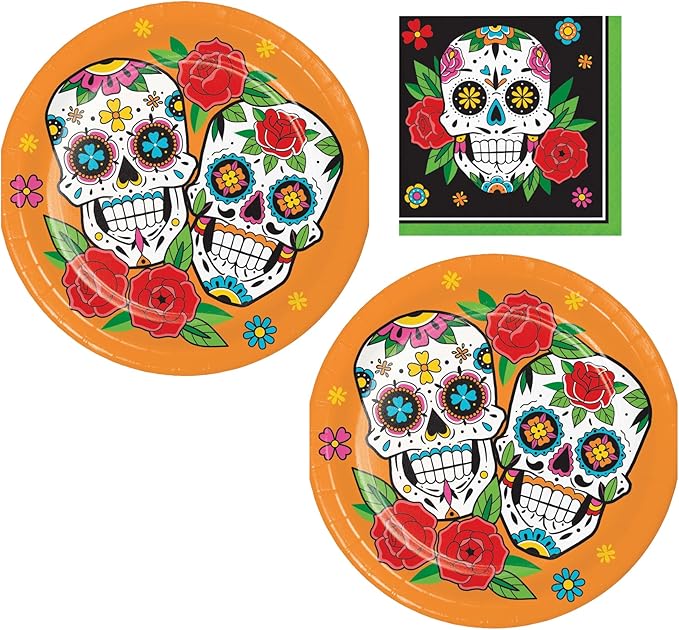 Sugar Skull Party Supplies - Bundle Includes Dessert Paper Plates and Beverage Napkins for 16 People - Skelebration Design - sugar skull plates set