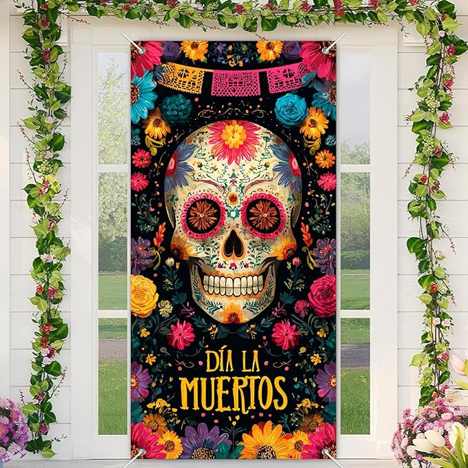 Day of the Dead Door Cover 71x35 Inch Halloween Decorations Dia de los Muertos Door Banner Sugar Skull with Marigold Flowers Papel Picado Colorful Floral Decor for Indoor Wall Porch - sugar skull nail art