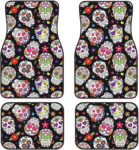 Day of The Dead Sugar Skull 4 Piece Car Mat Set - Car Interior Accessories with Rubber Backing for Sedans, SUV, Trucks - sugar skull car floor mats
