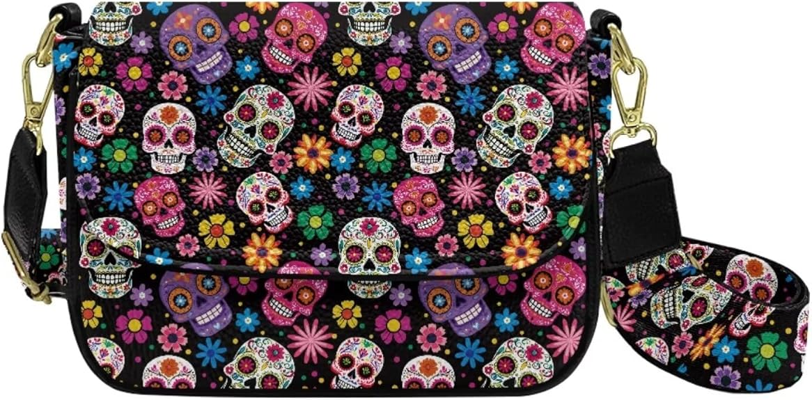 Crossbody Bags for Women Trendy, PU Leather Purses, Crossbody Handbag Purse with Wide Strap, Small Shoulder Handbags - sugar skull handbags for sale