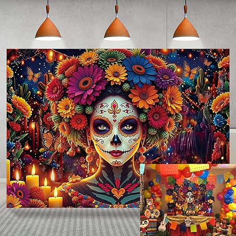 Day of The Dead Backdrop Mexican Fiesta Colorful Sugar Skull Woman Flowers Candles Photography Background Dia De Los Muertos Altar Ofrenda Party Decorations Supplies Fiesta Banner 8x6FT - sugar skull candle holder