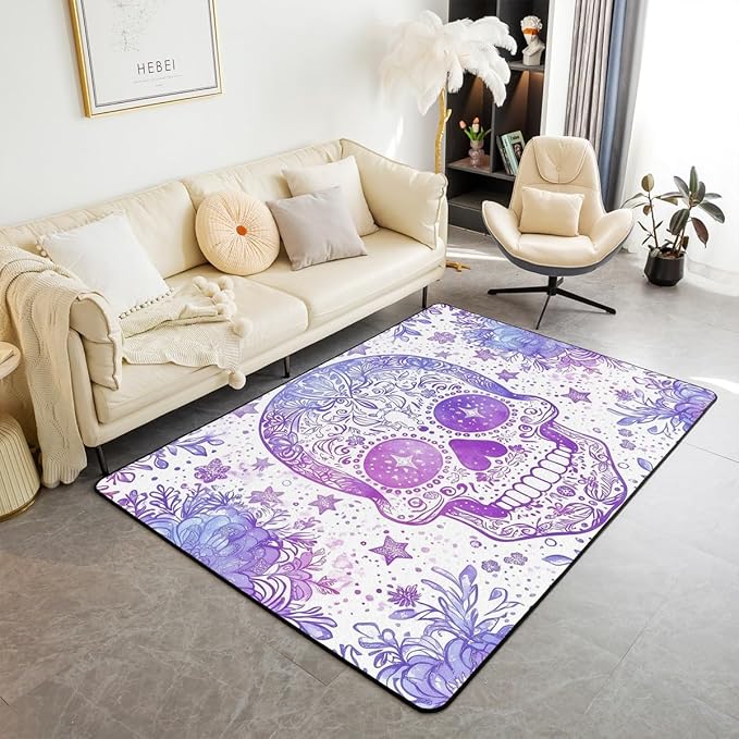Manfei Sugar Skull Floor Mat for Kids Girls Boys,Purple Floral Skeleton Halloween Carpet for Living Room,Bedside,Playroom Decor,Victorian Baroque Gothic Indoor Floor Mat,5x6'6'',Purple - sugar skull floor mat