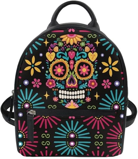 Women's Sugar Skull Mini Backpack PU Leather Small Backpacks, Day Of The Dead Skulls Art Lightweight Travel Daypack with Front Zipper Pocket, One Size - best sugar skull backpack
