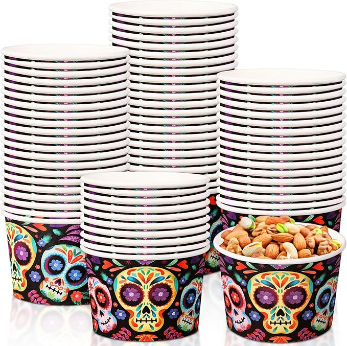 50 Pack 9 oz Day of the Dead Disposable Paper Cups Skull Disposable Soup Bowls Dia De Los Muertos Plates Paper Snack Cups Mexican Party Supplies for Dessert Hot or Cold Food - sugar skull plates set