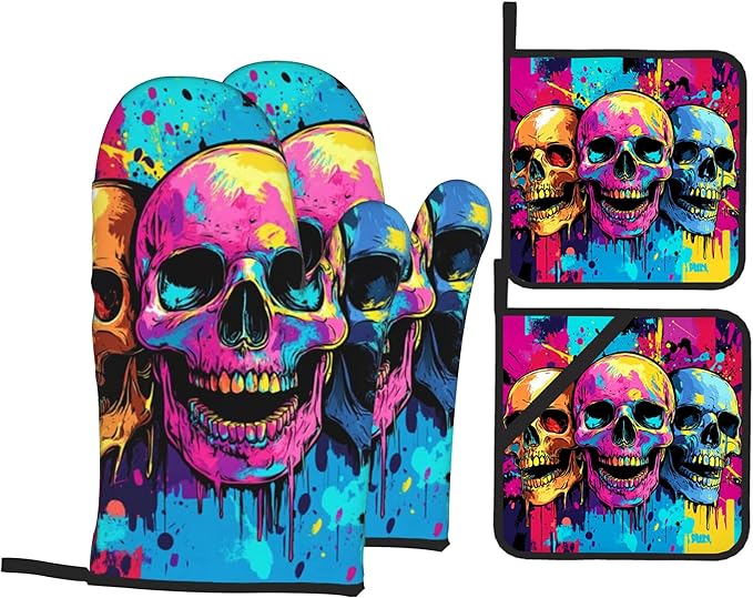 Colorful Skull Oven Mitts with Matching Potholders - Heat Resistant Kitchen Accessories for Baking, Grilling, Cooking, Gifts for Women - sugar skull oven mitts