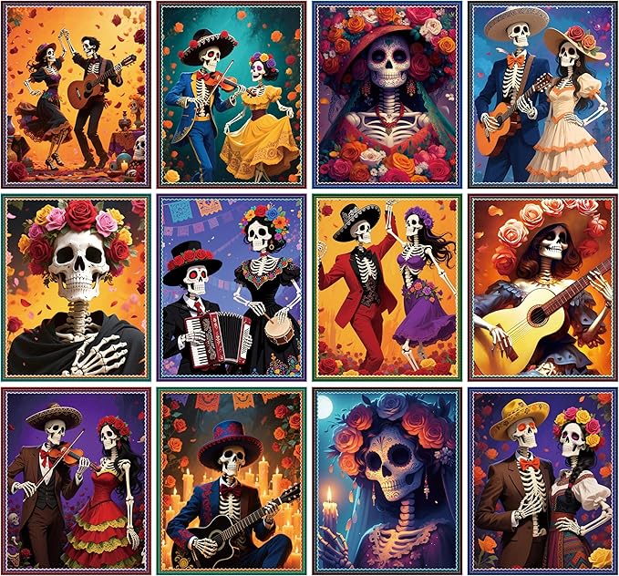 WATINC Day of The Dead Poster - 12PCS Halloween Sugar Skull Wall Art Print Decorations for Dia De Los Muertos Party, Mexican Skeleton Fiesta Carnival Bulletin Board Decor for Home Bedroom Office - sugar skull poster print