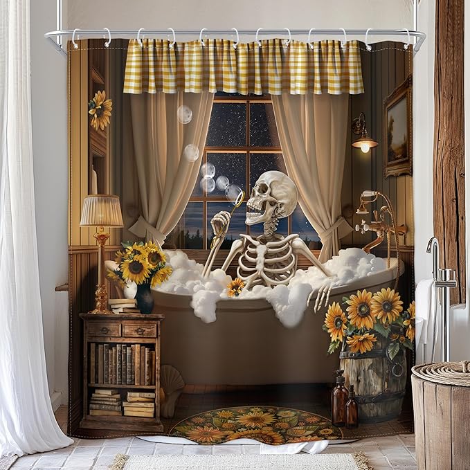 Homewelle Funny Skull Shower Curtain Skeleton Gothic Spooky Halloween Unique Cool Bone in Bathtub Bubbles Sunflower Plants 72Wx72H Inch Rustic Waterproof Polyester Fabric Bathroom Bathtub - sugar skull shower curtain set
