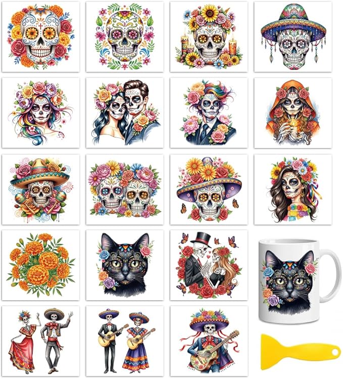Peacoblue 18 Sheets Rub On Transfers for Crafts, Day of The Dead 3.6"x3.9" UV DTF Cup Wrap Waterproof Cold Transfers Stickers for Wood Glass Cup Tumblers Mirrors Mugs Home Decor - sugar skull vinyl sticker