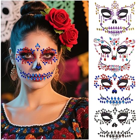 Halloween Face Jewels Temporary Tattoos – 4 Pack Day of the Death Rhinestone Skull Face Gems – Crystal Eye Glitter Stickers for Halloween Makeup, Cosplay & Horror Party Supplies (4 PCS) - sugar skull temporary tattoo