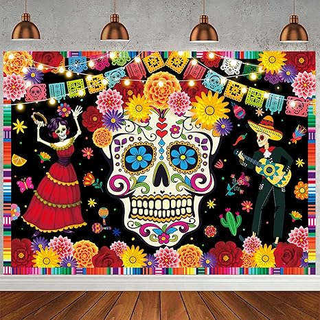 Day of The Dead Backdrop Mexican Fiesta Sugar Skull Flowers Photography Background Día DE Los Muertos Birthday Party Decoration Banner Photo Props (82x59 inch (7x5FT)) - sugar skull nail art