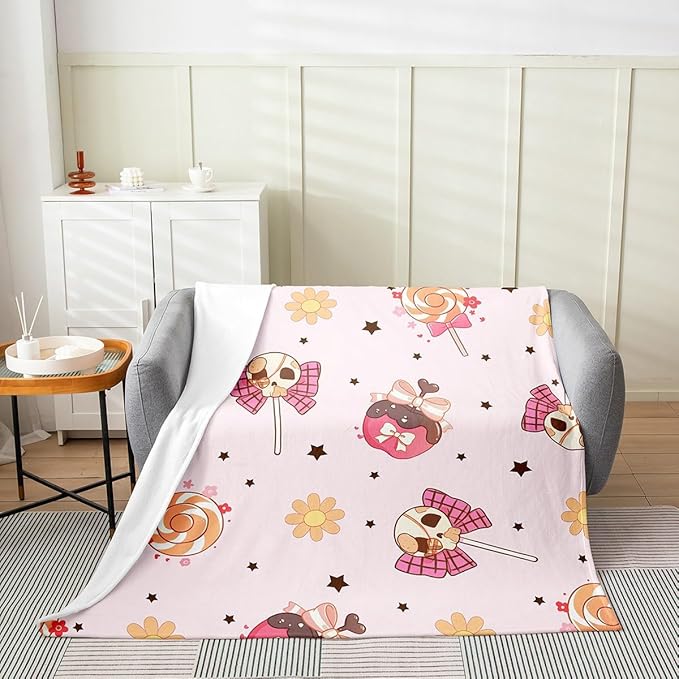 Sugar Skull Plush Throw Blanket Pink Halloween Flannel Blanket Queen 90"x90" Floral Flower All Season Candy for Couch Bed Sofa Bedroom Decor - sugar skull throw blanket