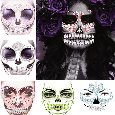 HyperFun Day Of The Dead Face Jewels For Women 5 Pack Skull Face Gems Skeleton Face Stickers For Halloween Cosplay Party Makeup - sugar skull makeup kit