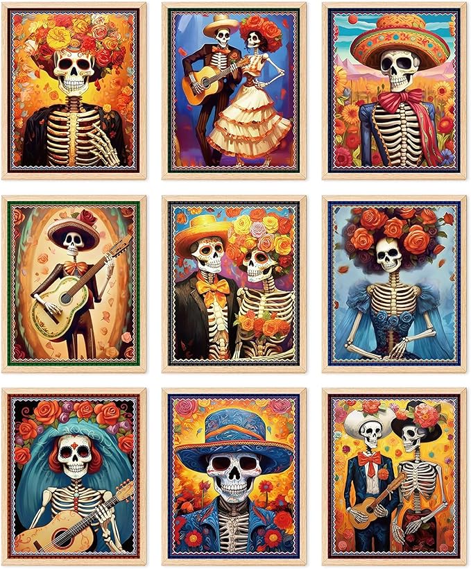 Aroutde 9Pcs Halloween Poster Day of The Dead Canvas Wall Art Sugar Gothic Skull Guitar Print Dia De Los Muertos Mexican Folk Artwork for Halloween Wall Decor (8x10In, Unframed) - sugar skull poster print