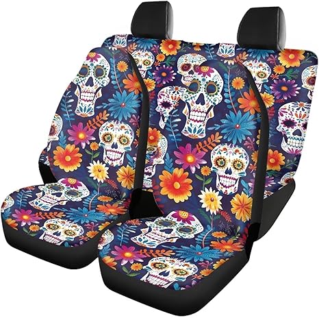 Sugar Skull Car Seat Covers, Universal Breathable Front Rear Seat Cover for Cars Fit SUV Van Sedan Truck Automotive Interior Accessories Black - sugar skull car seat covers set