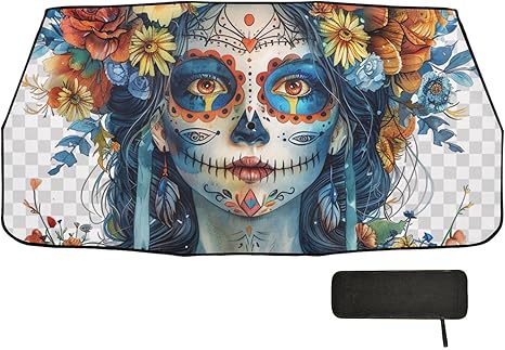 Windshield Sun Shade Umbrella Sugar Skull Colorful Floral, Reflective Heat Insulation, Foldable & Portable, Fits Cars Sedans SUV - 58" x 29.7" - sugar skull car sunshade for windshield
