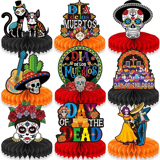 9pcs Day of the Dead Honeycomb Centerpiece,Mexican Dia De Los Muertos Table Decorations,Halloween Sugar Skull Party Favor Supplies - sugar skull figurine collectible