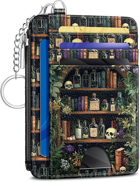 Goth Bookshelf Skull Credit Card Holder Small Wallet Women, Gothic Witchy Slim RFID Blocking Wallet Woman Keychain Zipper Coin Pocket, Front Pocket Thin Travel Card Case ID Window Ladies Gift - sugar skull wallets for women