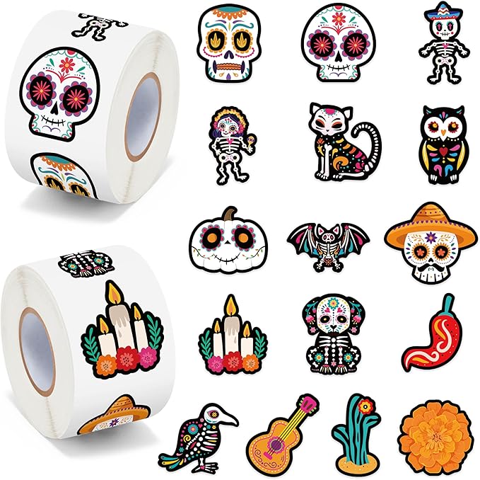 BeYumi Sugar Skull Roll Stickers - 1000Pcs Day of The Dead Stickers in 2 Rolls Dia de Los Muertos Sugar Skull Waterproof Vinyl Decals Halloween Mexican Festival Party Supplies Classroom Decor for Kid - sugar skull vinyl sticker