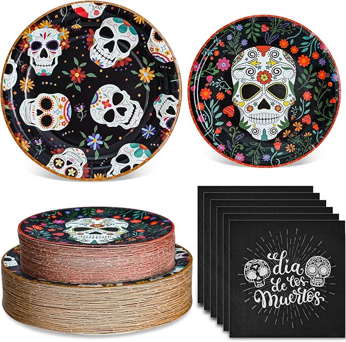180PCS Day of The Dead Party Supplies – Sugar Skull Paper Plates and Napkins Set, Día de los Muertos Disposable Tableware for Mexican Theme Party Decorations - sugar skull plates set