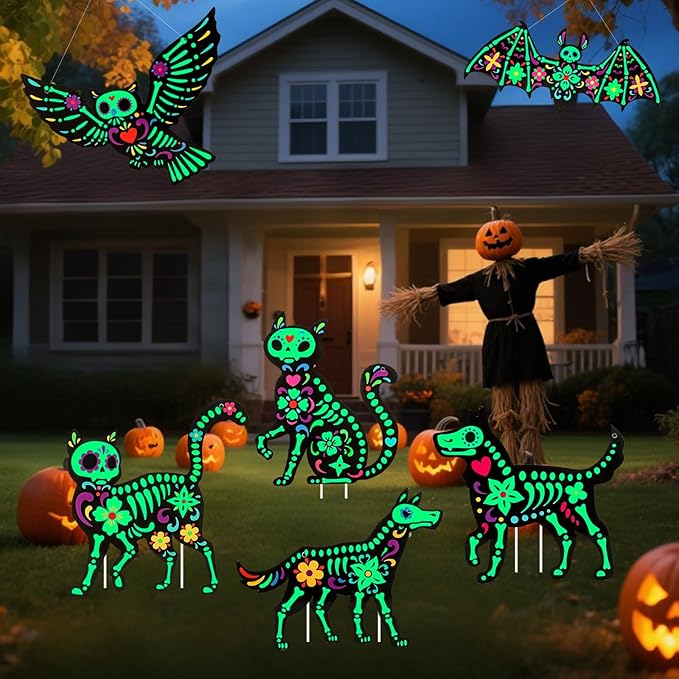 6PCS Day of The Dead Yard Signs, Glow in The Dark Sugar Skull Animals Outdoor Decorations Skeleton Cat Dog Bat Owl with Stakes & Hanging Ropes for Garden Lawn Wall Halloween Decorations Supplies - sugar skull christmas decorations
